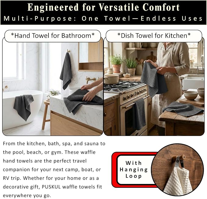 PÜSKÜL Natural 100% Turkish Cotton Waffle Kitchen Towels Set of 3 | Oeko-Tex, Premium Waffle Hand Towels for Bathroom | Soft Absorbent Quick-Dry Lint-Free Dish Towel Large 32x16 inch (3, Dark Gray)