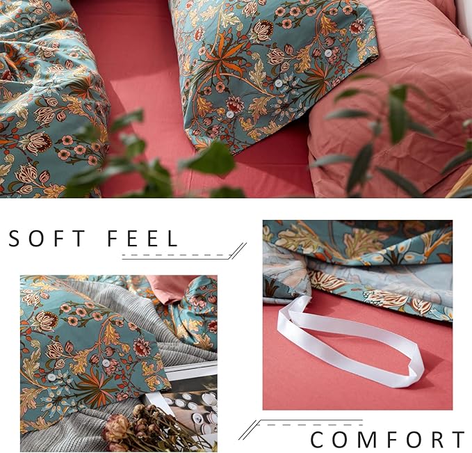 mixinni Vintage Style Garden Flower Queen Duvet Cover with Zipper Closure Soft Long Staple Percale Cotton Vibrant Pattern on Flower Bedding Quilt Cover Set(Queen, All Season)