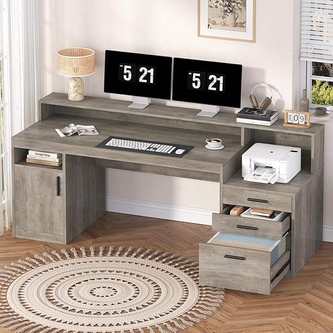 Executive Computer Desk with 3 Drawers & Storage Shelves, 65 Inch Home Office Desk with File Drawer & Cabinet, Writing Study Desks with Monitor Stand & Printer Shelf, Executive Desk, Grey
