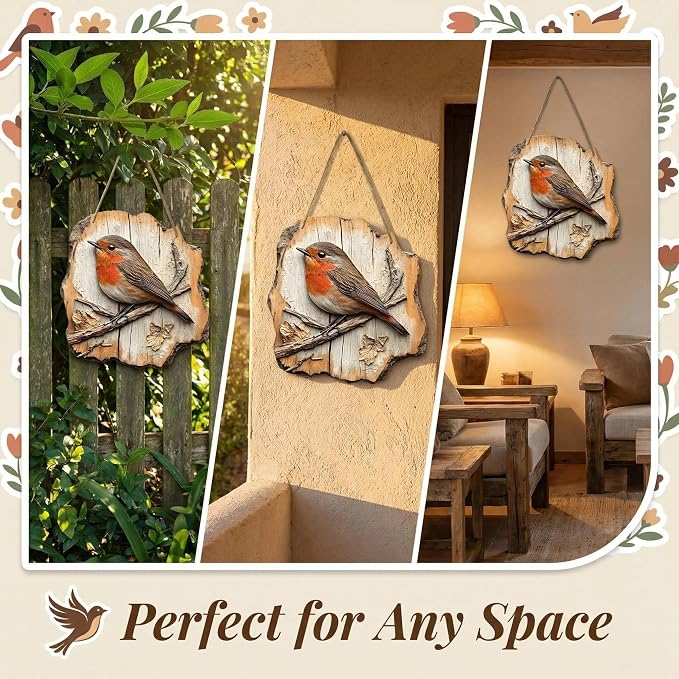 Cumuul Handmade Boxwood Bird Wall Hanging - Vintage 2D Bird Wooden Signage, Rustic Farmhouse Robin Bird Wall Decor, Wood Texture, Indoor Outdoor Garden Decoration (#3)