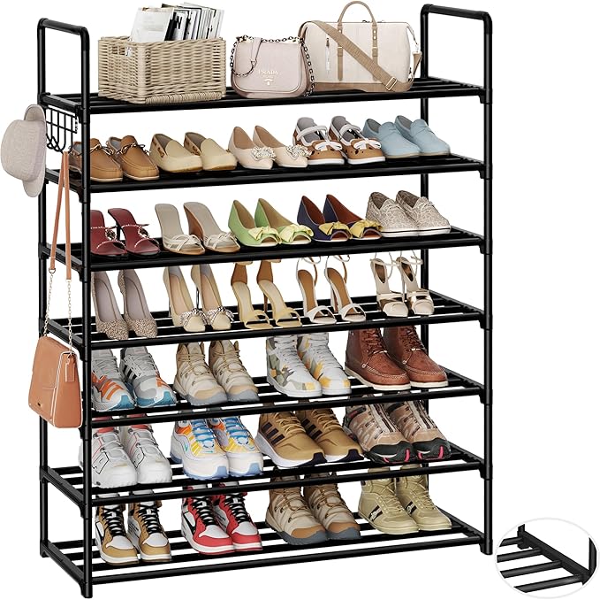 HOMICKER Metal Shoe Organizer,7 Tiers Shoe Storage Shoe Rack with Hooks,Fit 24-30 Pairs,Adjustable Shoe Shelf for Entryway,Hallway,Bedroom,Metal Bottom Support
