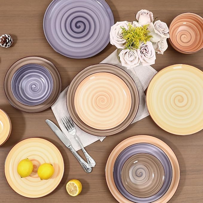 Selamica Ceramic Plates and Bowls Sets,24 Pieces Dinnerware Sets for 6,Scratch Resistant Dish Set for holiday gathering,Dishwasher & Microwave Safe, Maillard