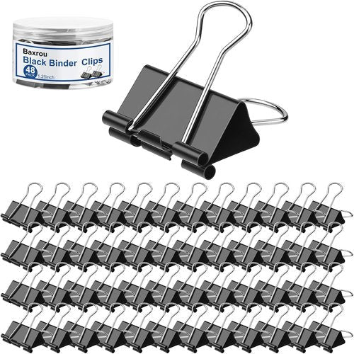Regine Switzerland Medium Binder Clips - 1.25 Inch (48 Pack) with Container | Durable Black Paper Clamps for Office & Home