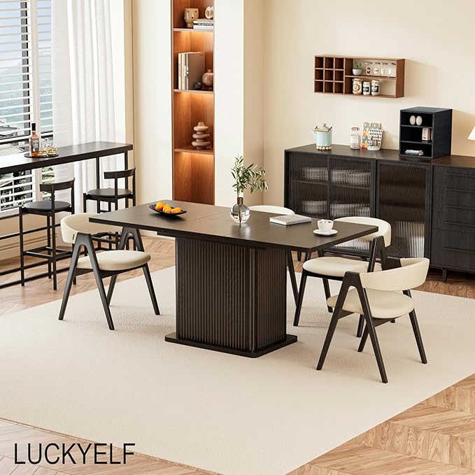 Extendable Black Kitchen Dining Table for 4-6, 47-65 Inch Rectangle Dining Room Table with 2 Doors, Large Storage, Wood Fluted Mid Century Modern Furniture for Dinner, Living Room, Space Saving