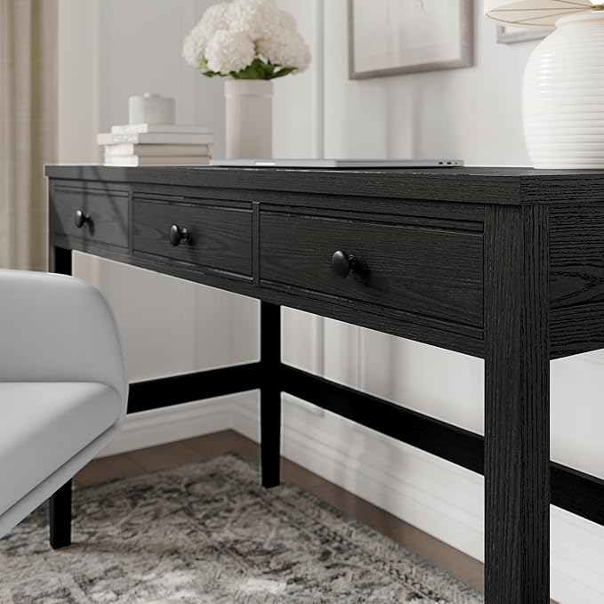 Martha Stewart Rhett Home Office Desk with 3 Drawers and Tapered Legs in Black with Oil Rubbed Bronze Hardware