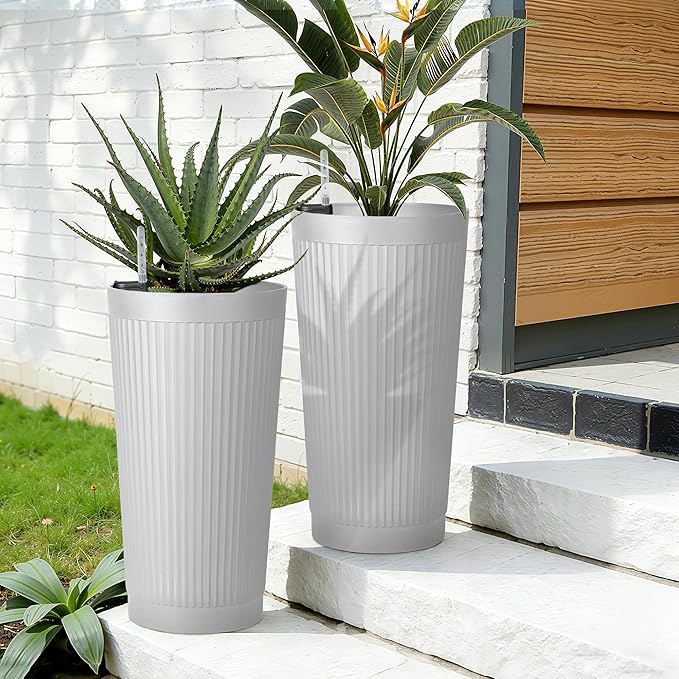 Set of 2 Tall Self-Watering Planters, 24" Large Planters with Water Level Indicator for Indoor & Outdoor Plants, Modern Planters for Garden, Patio, Balcony, Porch, White