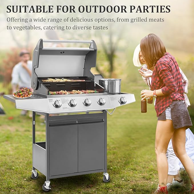 Unovivy 4-Burner Propane Gas BBQ Grill with Side Burner & Porcelain-Enameled Cast Iron Grates Built-in Thermometer, 49,000 BTU Outdoor Cooking, Patio, Garden Barbecue Grill, Black and Silver