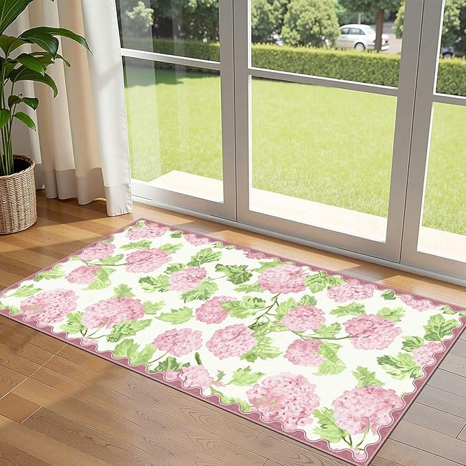 Front Door Mat Indoor Entrance - 2x4.3 Ft Spring Washable Layered Doormat Outdoor Entrance Porch Rug Non-Slip Pink White Floral Scalloped Runner Rug for Kitchen Bedroom Mudroom Porch Decor