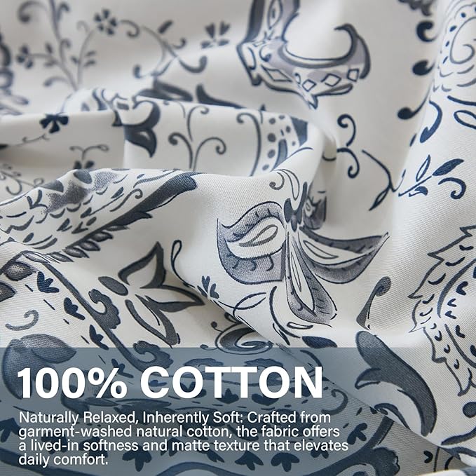 100% Cotton Duvet Cover Sets Queen Size, 3 Pieces Reversible Soft Bedding Sets,Blue Floral Paisley Comforter Cover, Breathable, Lightweight, All Season