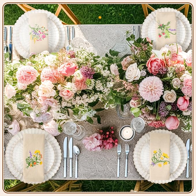 Tioncy 12 Pcs Christmas Floral Cloth Napkins Decorations Bulk Embroidered Wildflower Dinner Napkins Tea Cocktail Party Gifts Xmas Stocking Stuffers for Holiday Table Decor (Linen)