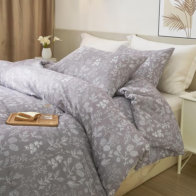 HighBuy Garden Floral Duvet Cover Queen Girls 100% Cotton Lavender Botanical Boho Bedding Set Queen Vintage Chic Floral Bed Comforter Cover with 2 Pillowcases Lightweight Aesthetic Duvet Cover Set