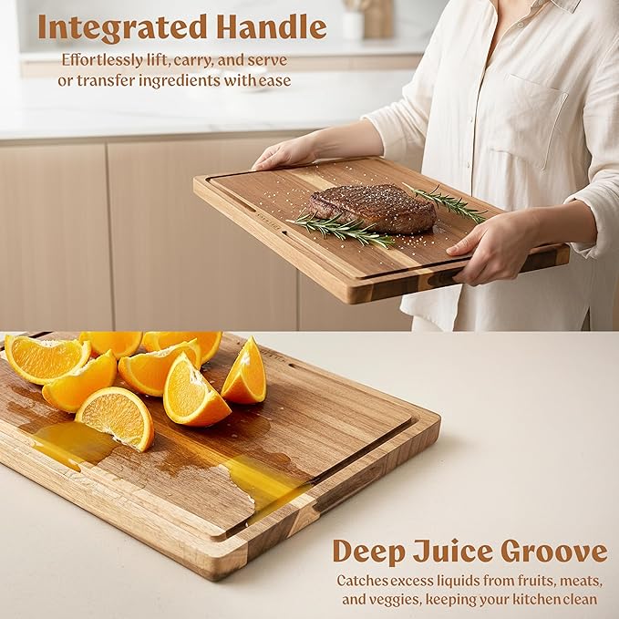 Acacia Wood Cutting Board for Kitchen, Non-Toxic Cutting Board Set of 3, Chopping Boards with Deep Juice Groove for Meat, Cheese & Vegetables - Durable & Double sided with serving Compartments