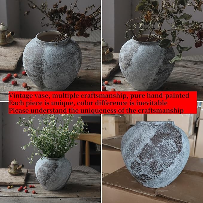 Rustic Distressed Large Ceramic Vase, 8.6 inch Terracotta Pottery Tall Decorative Vases, Concrete Vases Clay Stone Antique Big Vase for Home Decor (Round 8.6 in X 8 in)