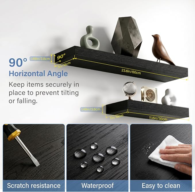 Floating Shelves for Wall, Bathroom Shelves Over Toilet, Wall Shelves & Book Shelf for Room, Hanging Shelf, Modern Wooden Mounted Floating Shelves, 24x7x1.5 in (Black, Set of 3)