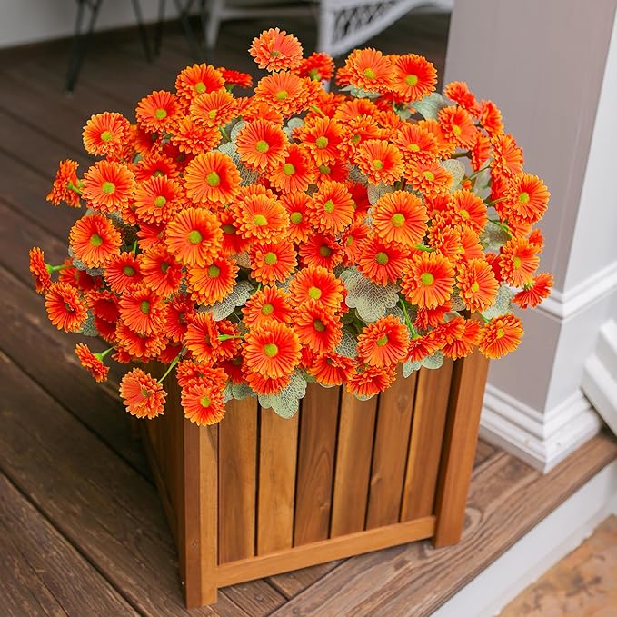 HyeFlora Dahlia Artificial Winter Flowers for Outdoors Christmas Decoration, 6 Bundles Fake Daisy Orange Faux Plants Realistic UV Resistant Silk Flowers for Outside Planter Front Door Yard Garden