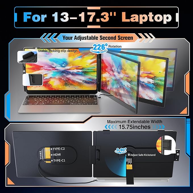 Miesebe Laptop Screen Extender 14", Ultra Thin 0.27'' FHD 1080P Portable Monitor for Laptop 13-17.3", Plug n Play Extra Monitor Extender, Eye Care Second Screen for MacBook/Windows/Android/Switch/PS5