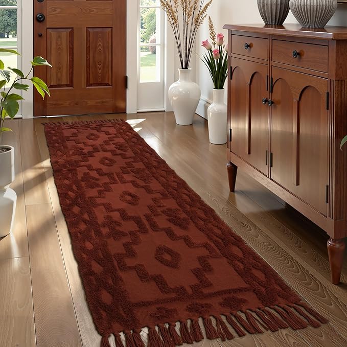 Uphome Boho Runners for Hallways 2.6' x 8', Washable Farmhouse Entryway Runner Rug, Cotton Tufted Bedroom Runner Rugs, Bohemian Tribal Aesthetic Rug for Kitchen Doorway Bathroom, Terracotta