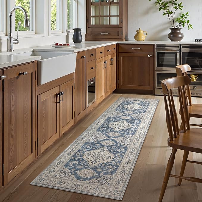Lahome Oriental Washable Runner Rug Non Slip, 2x7 Rug Runners for Hallways Kitchen, Ultra-Thin Hallway Rugs for Laundry Room Bathroom Bedroom, Blue