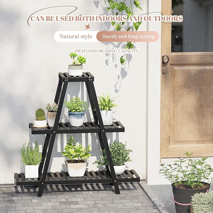 STDDRE Plant Stand For Indoor Outdoor Tiered Plant Shelf 3 Tier 8 Potted Bamboo Flower Holder Ladder Rack For Multiple Triangle Table Plant Pot Stand (Black)