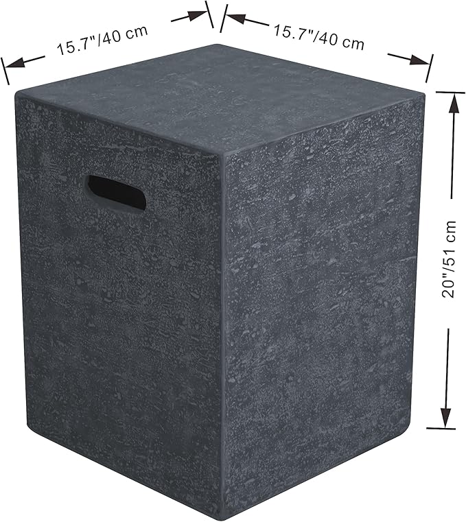 AMS Fireplace | Elementi Square Travertine Dark Gray 20 lbs Propane Tank Cover | Concrete GFRC Base | Dimensions: 15.7 x 15.7 x 20 inches | Perfectly Matches with Cannes Fire Pit Table.