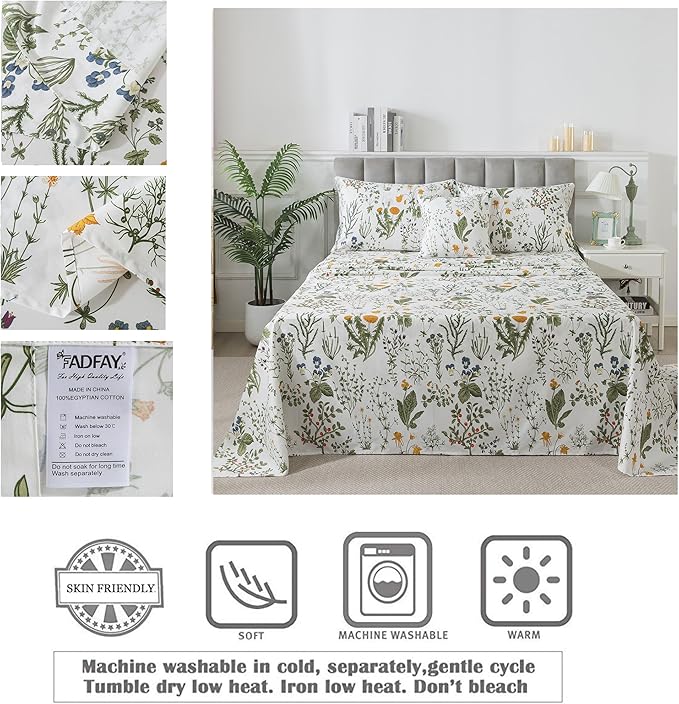 FADFAY 100% Egyptian Cotton Sheets Queen Botanical Printed Floral Sheets Yellow Flowers & Leaves Pattern Farmhouse Bedding Soft and Breathable French Country Bedding 4Pcs Deep Pocket Queen Sheet Set