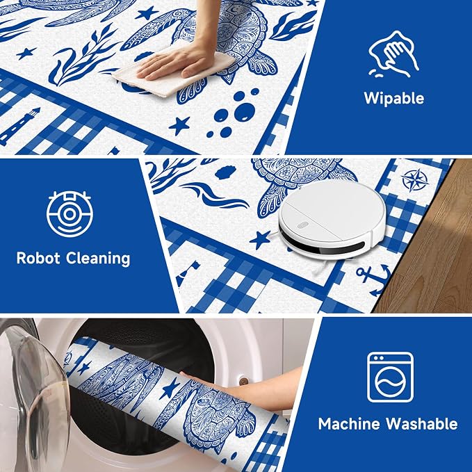 Sea Turtle Rug Coastal Ocean Print Floor Mat Blue and White Plaid Area Rug for Entryway Bedroom Living Room Nursery Kitchen Playroom Home Decor Non-Slip Washable Carpet,2'x3'