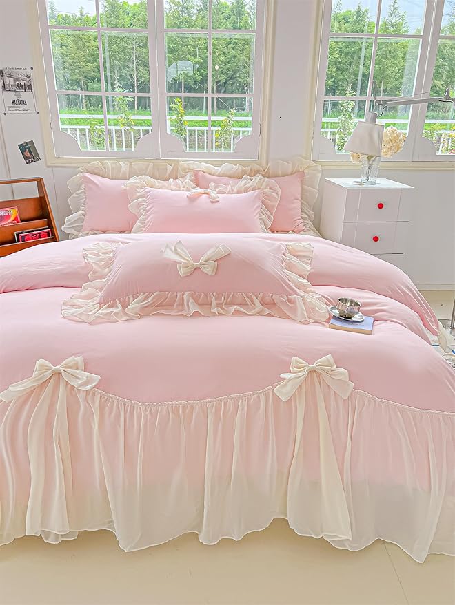 Girls Lace Bedding,Pink Full Comforter Cover Set, Chic Ruffled Duvet Cover with Lovely Bow,Princess Style 1 Duvet Cover with 2 Pillowcases, No Comforter-Pink,Full Size