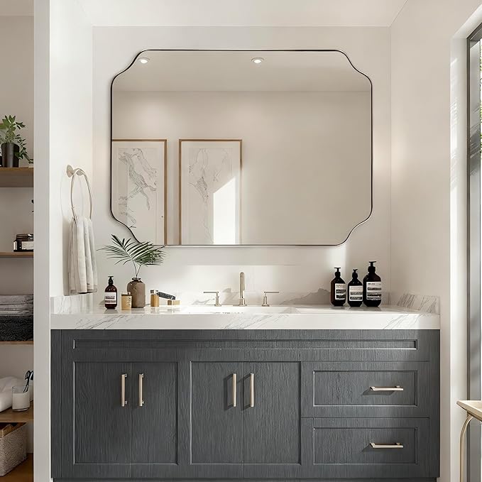 ANDY STAR 36x48 Inch Brushed Nickel Rectangle Mirror, Large Scalloped Bathrom Mirror for Wall, Rounded Notched Corner Designed, Anti-Rust Stainless Steel 1" Frame, Hangs Vertically/Horizontally