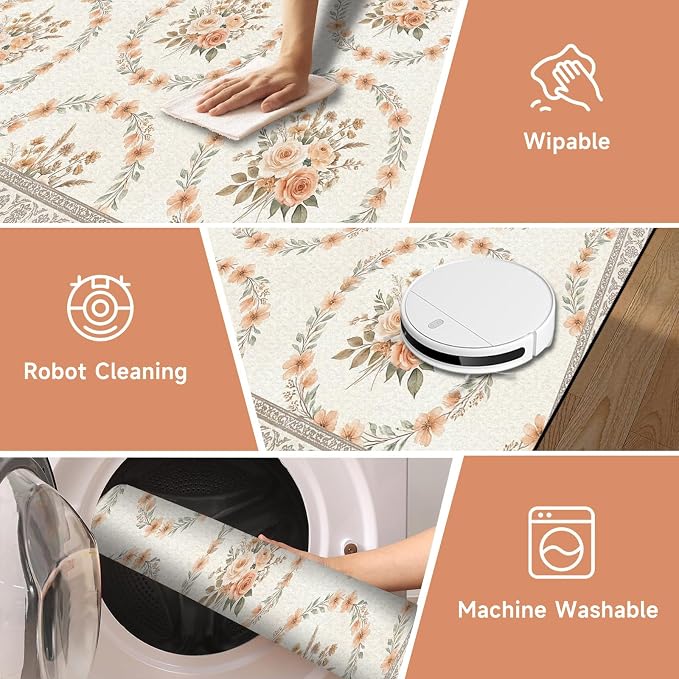 6'x9' Boho Floral Area Rug Vintage Peach Rose Carpet Non-Slip Washable Floor Mat Neutral Aesthetic Botanical Rug for Bedroom Living Room Nursery Kitchen Playroom Home Decor