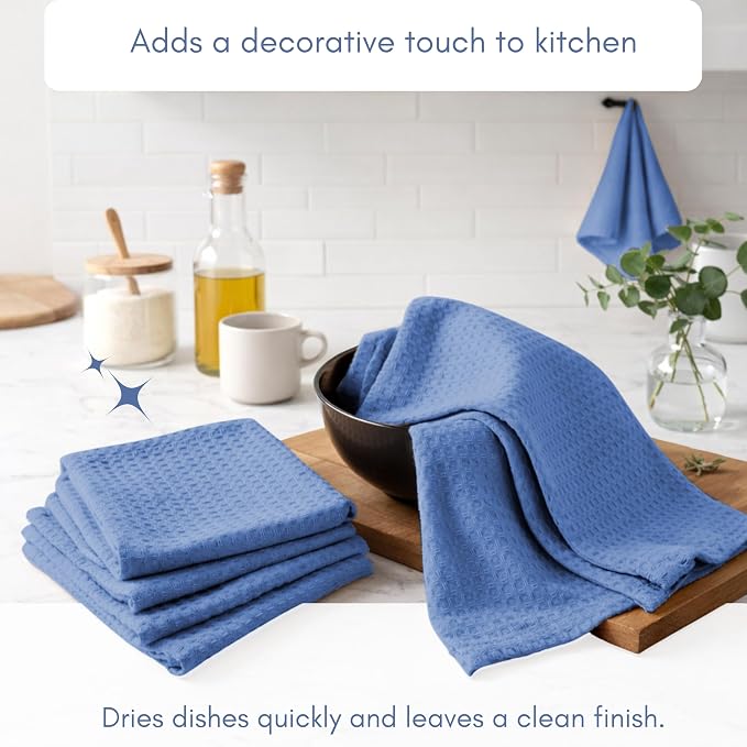 TWINY threads Blue Waffle Kitchen Towel 6 Pack, 16x26 Inch, Premium 100% Cotton Kitchen Linen Set, Absorbent Dish Cloths for Cleaning, Drying Dishes, Machine Washable, Durable, Quick Dry, Sky Blue