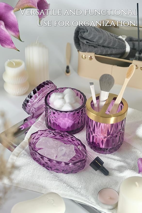 LaMrriti Purple Bathroom Accessories Set 5 Pcs, Glass Bathroom Set, Soap Dispenser and Toothbrush Holder Set, Q-tip Holder Set, Crystal Glass Vintage Bathroom Sink Set, Cute Bathroom Decor