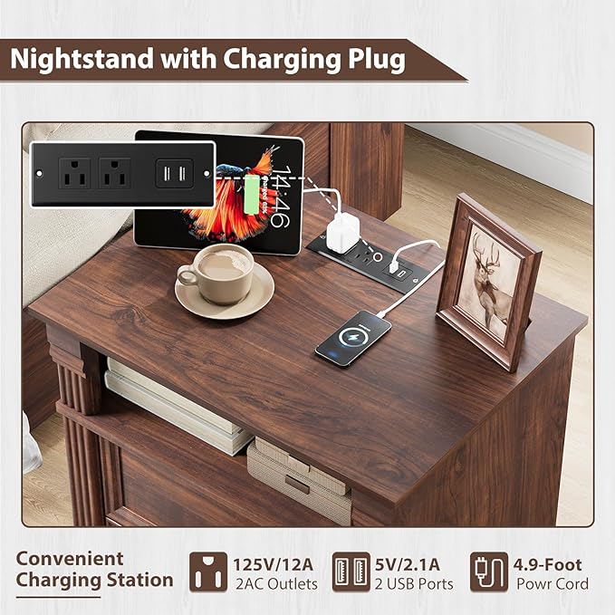Walnut Nightstand with Charging Station, Farmhouse Bedside Table, End Table with 2 Drawers and Chic Wood Pilasters Design, Wood Side Table with Metal Handles for Bedroom, Living Room
