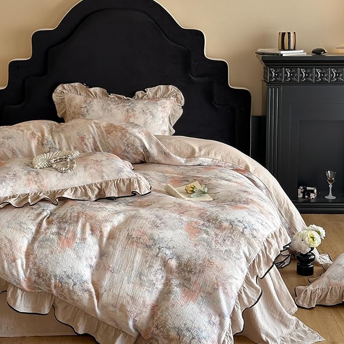 VM VOUGEMARKET Muslin Cotton Duvet Cover Set King Shabby Pink Flower Duvet Cover with Ruffles Soft Linen Like Gauze Comforter Cover with Zip Closure and Corner Ties- 104"x90"