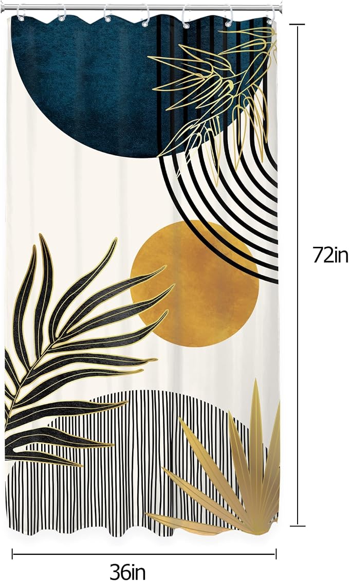 KOMLLEX RV Stall Small Mid Century Blue Boho Shower Curtain 36Wx72L Inches Abstract Modern Blue Shower Curtains for Bathroom Plant Minimalist Arch Sun Fabric Liner Waterproof Polyester 7 Pack Hooks