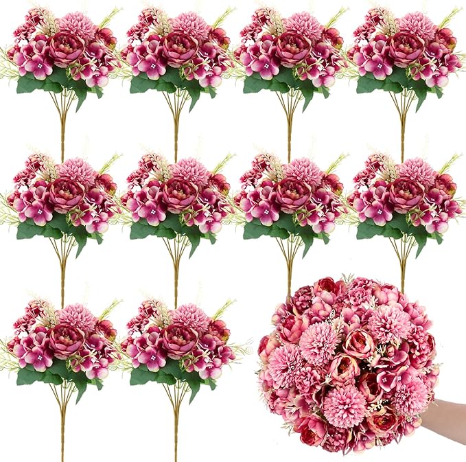 Olgaa 12 Bundles Peonies Artificial Flowers Silk Flowers Fake Peony Bouquet Faux Peonies Flowers Bulk for Wedding Decor Centerpiece Table Decorations (Purple Red)