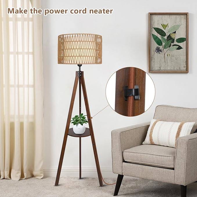 LAMSU Boho Tripod Floor Lamp with Shelves, Mid Century Wood Standing Lamp with Rattan & Fabric Shades, ON/Off Foot Switch, Modern Farmhouse Tall Floor Lamps for Living Room Bedroom Office