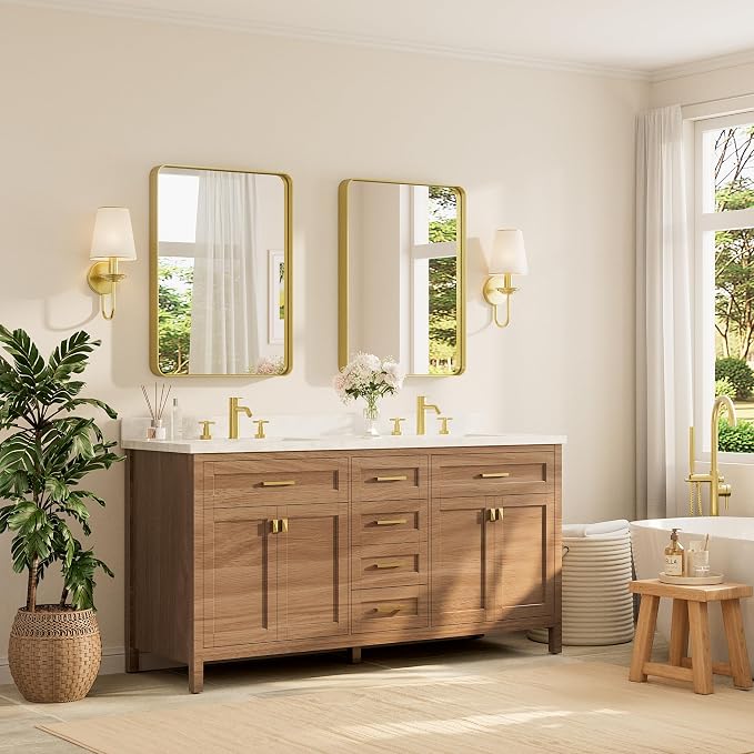 TETOTE Brushed Gold Bathroom Mirror, 24 x 32 Inch Metal Framed Mirror, Brushed Brass Rectangle Wall Mounted Golden Vanity Mirror (Horizontal/Vertical)