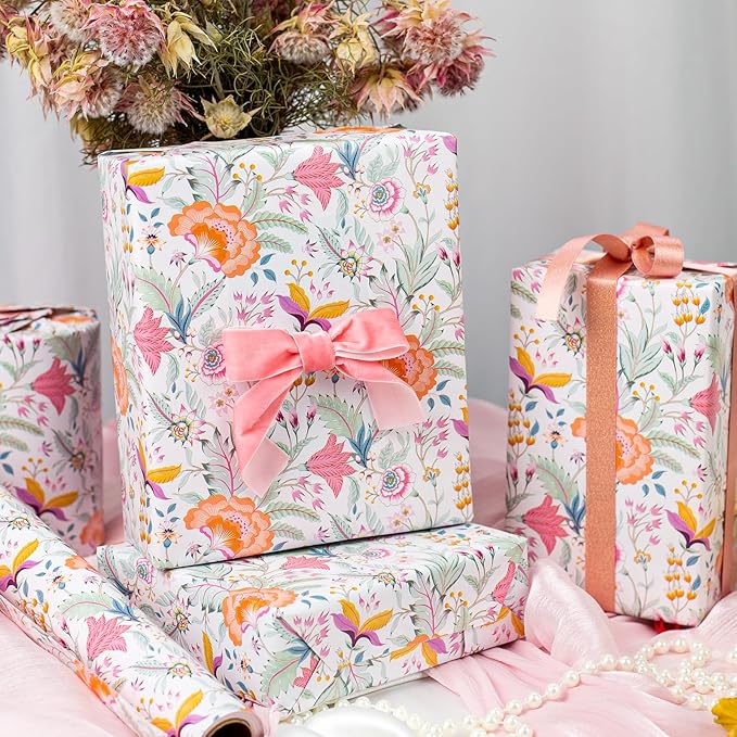 Merture Floral Wrapping Paper Roll with Pink Polka Dots Reverse - 17 In X 32.8 Ft(46.5 sqft) Vibrant Flower Desgin Gift Wrap for Mothers Day, Valentines Day, Birthday, Wedding, Anniversary