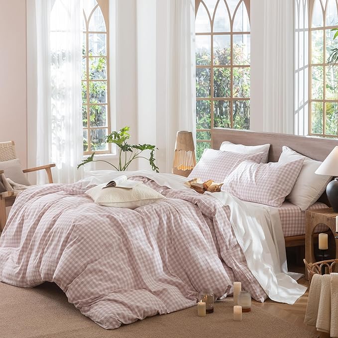 MooMee Gingham Duvet Cover Set 100% Washed Cotton Linen Like Textured Breathable Durable Soft Comfy Modern Checkered Design (Classic Gingham Greyish Pink, Cal King 104"x98")