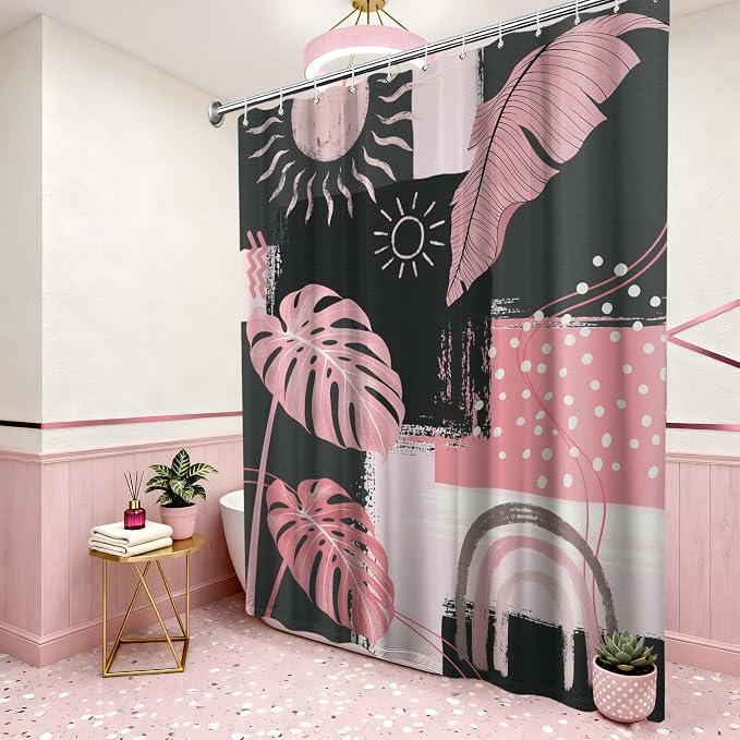 Pink and Gray Mid Century Modern Shower Curtain Bohemian Abstract Light Pink and Grey Shower Curtains for Bathroom Decor Sets, Waterproof Cloth Fabric with Hooks, 70x72 Inch
