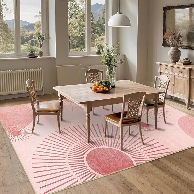 Large Area Rug 5x7 Sun Rug Living Room Mid Century Modern Rugs Machine Washable Boho Geometric Rug Non Slip Printed Low Pile Indoor Floor Carpet for Dining Room Bedroom Office,Pink