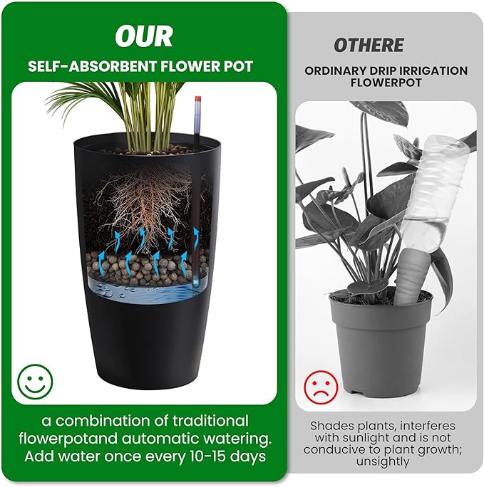 Tall Planters - Set of 2 Large 22 in Planters for Outdoor Indoor Plants, Water Level Monitor, Inner Bucket, Automatic Watering, Ideal for Porch Patio Backyard, Black