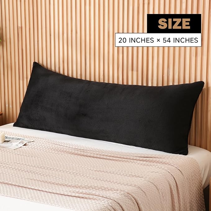 DOWNCOOL Large Body Pillow Insert with Faux Fur Cover - Fluffy Long Bed Pillow for Sleeping - Breathable Full Body Pillow for Adults - 20x54 inch (Black, with Cover)
