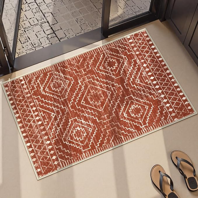 Wonnitar Moroccan Bathroom Rug,Washable 2x3 Small Bath Mat, Boho Tribal Soft Kitchen Sink Mat, Non-Slip Geometric Entry Way Rug, Low-Pile Indoor Carpet for Bedside Entrance Laundry (Brown,2'x3')