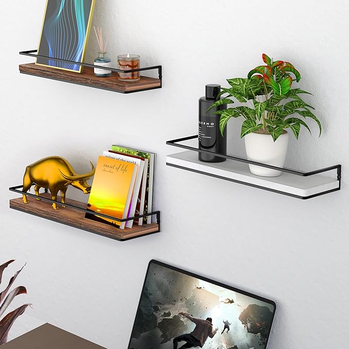 Meangood Floating Shelves Wall Mounted Set of 2, Towel Bar Rustic Wood Wall Storage Shelves for Bedroom,Living Room,Bathroom, Kitchen Rustic Brown