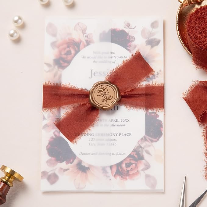 DORIS HOME Terracotta Chiffon Ribbon for Flower Bouquet, 1" x21Yd Fabric Ribbon for Gift Wrapping, Handmade Frayed Ribbon for Wedding Invitations/Christmas Decorations