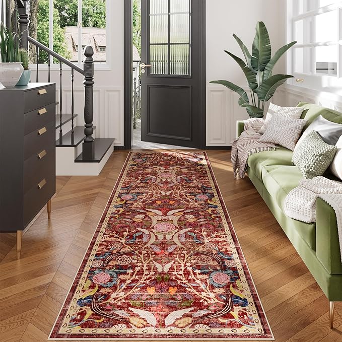 AMTOVO 2.7x8 Runner Rug for Hallway, Washable Non-Slip Long Kitchen Carpet, Floral Vintage Distressed Floor Mat for Hallways Entryway Living Room Laundry Room Bathroom Farmhouse, Red
