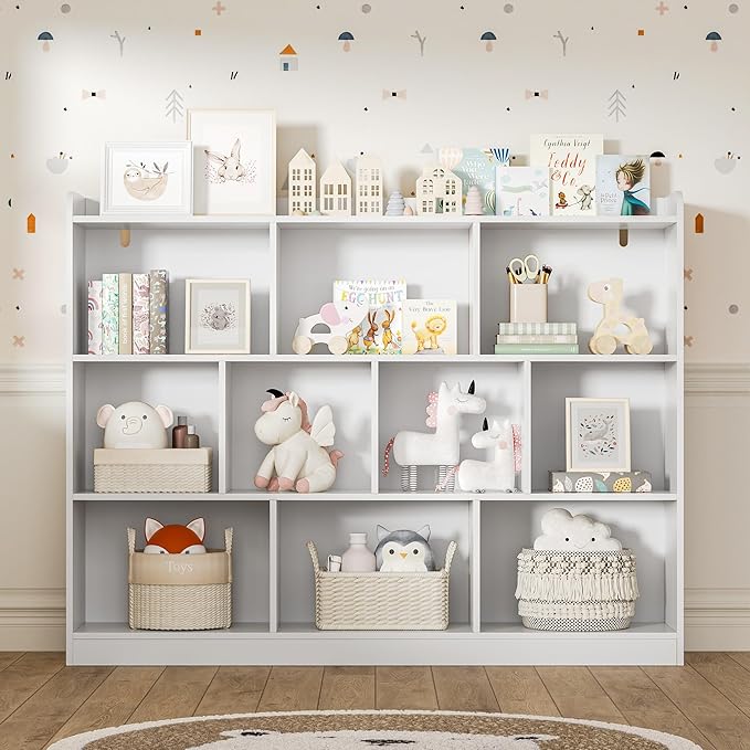 White Bookshelf, Wood Bookcase with 3 Tier Open Shelves, 10-Cube Minimalist Storage Shelf for Living Room, Bedroom, 43.3" W x 35.4" H