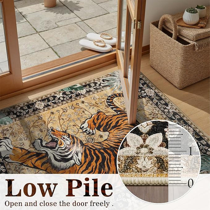 DCX Washable 3x5 Tiger Rug, Brown Vintage Animal Rug for Entryway, Soft Low Pile Carpet, Kid & Pet Friendly with Rubber Back Non Slip, Stain Resistant Rug for Bedroom, Laundry, Bathroom