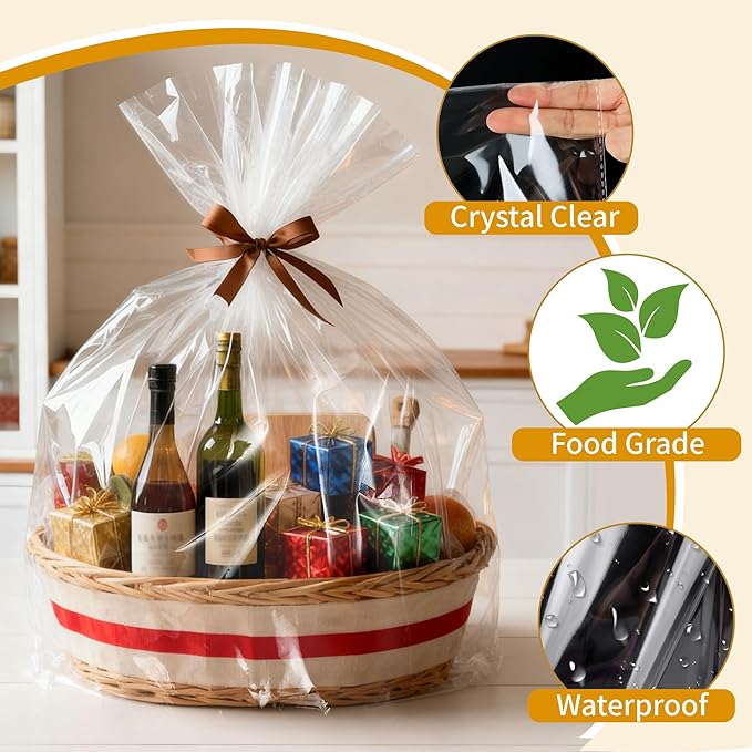 6 Pack Large Cellophane Bags for Gift Baskets 30×40 Inch – 2.8 Mil Thick Clear Cellophane Wrap for Christmas Gift Baskets, Holiday Parties, Birthdays & Weddings – Durable Plastic Clear Gift Bags